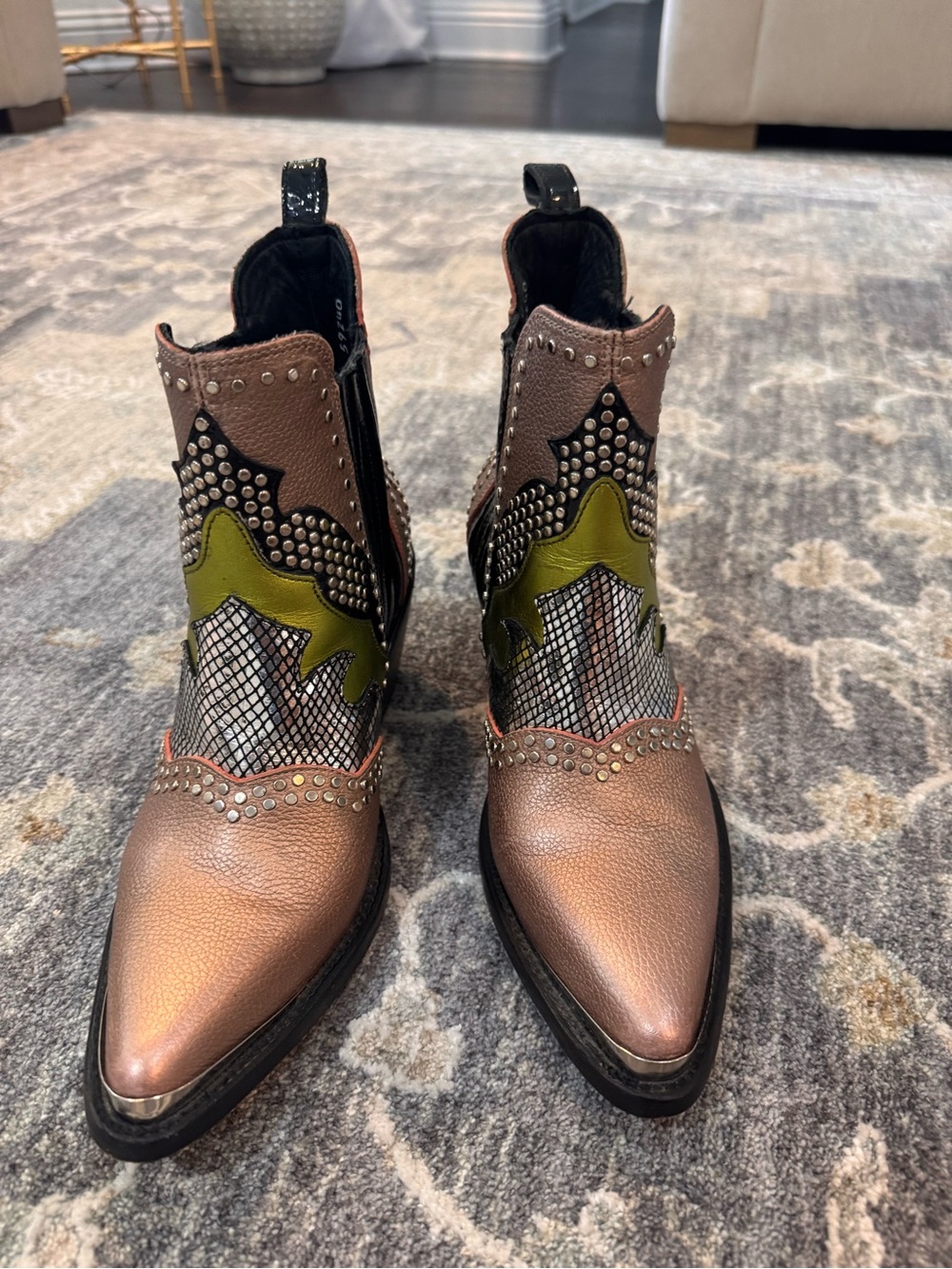 Women's Metallic Bronze Western Ankle Boots with Lime Accent - Picture 4 of 7